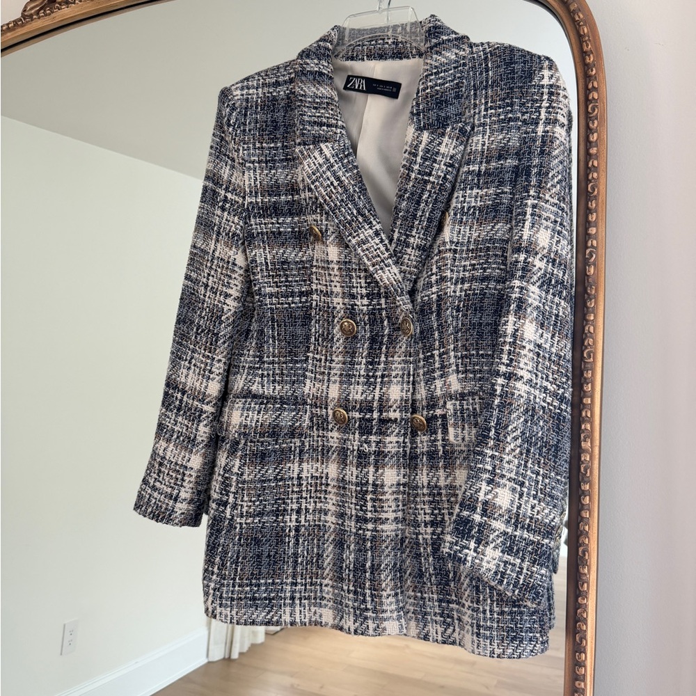Zara Women's Navy and Cream tweeted Blazer